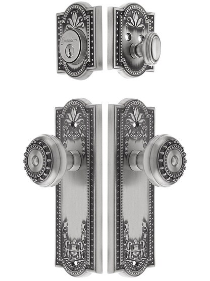 Grandeur Parthenon Entrance Door Set, Keyed Alike with Parthenon Knobs in Antique Pewter.